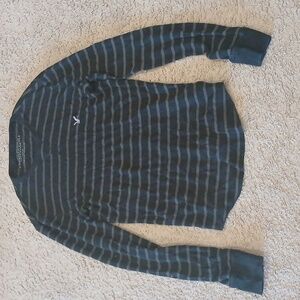 Mens Black Gray Striped American Eagle Long Sleeve Shirt Size S